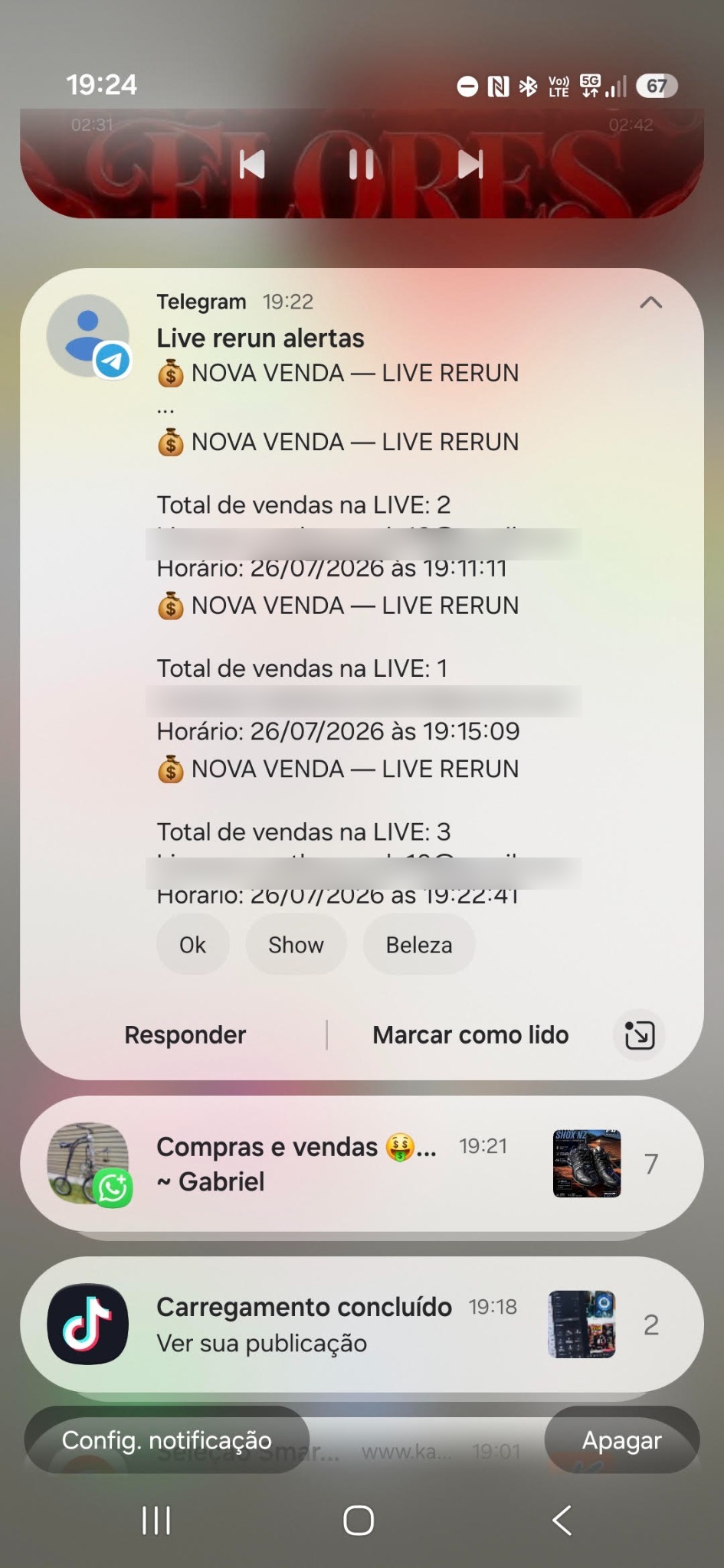 Notificação do Live Rerun no Telegram avisando sobre uma nova venda